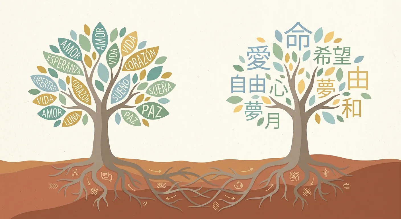 Dos árboles con hojas de español y japonés con raíces entrelazadas