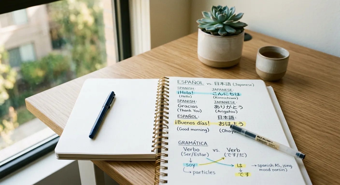 Cuaderno abierto con comparaciones entre español y japonés
