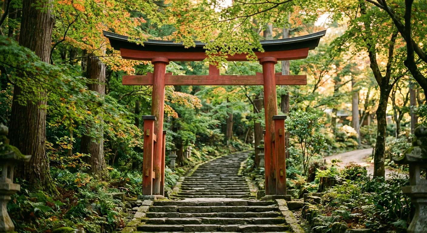 Puerta torii japonesa con camino iluminado por luz matutina