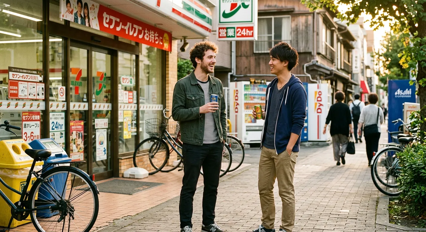Joven castellano conversando casualmente con amigo japonés frente a un konbini