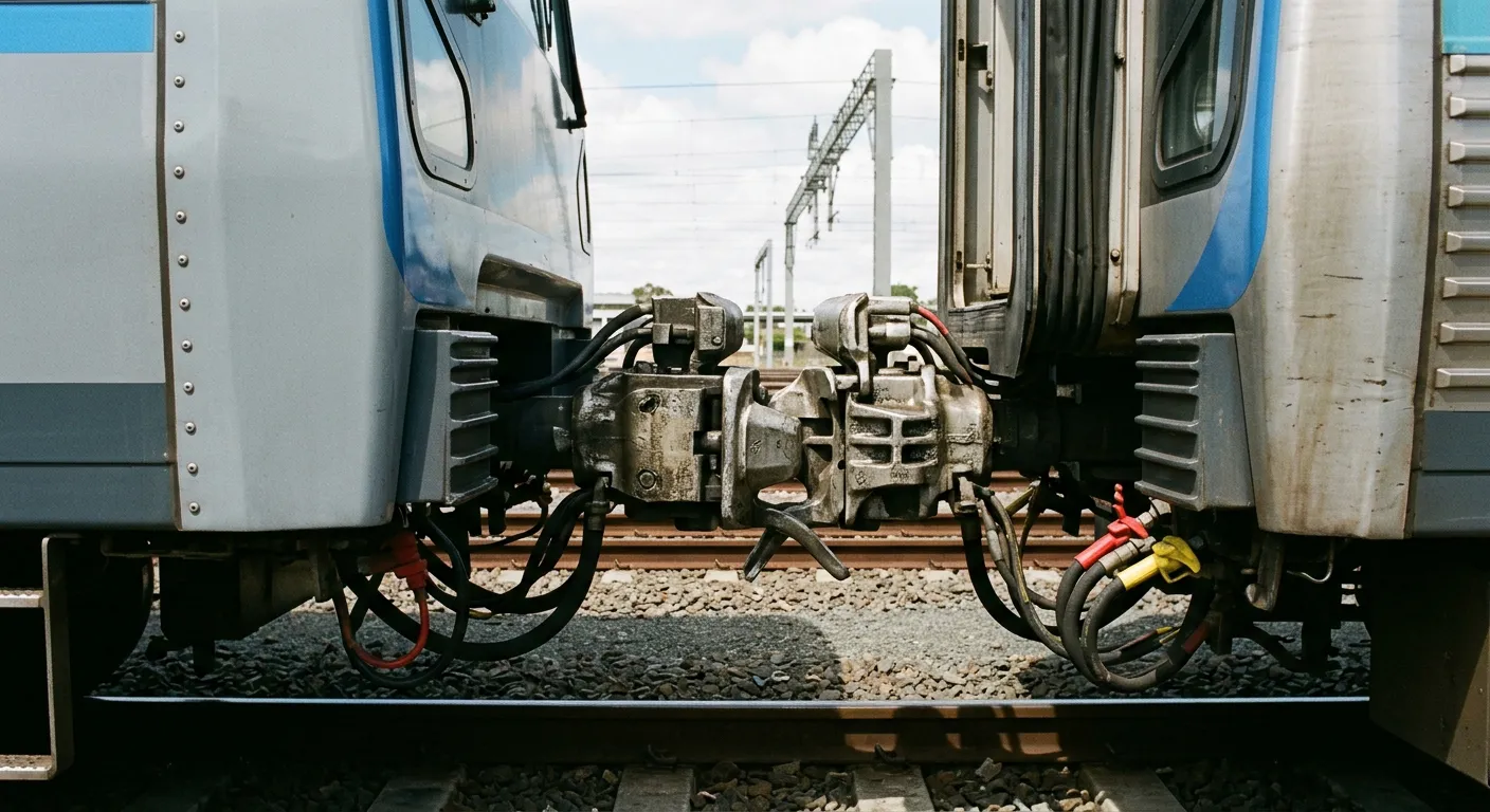 Mecanismo de acoplamiento de vagones de tren conectando dos coches