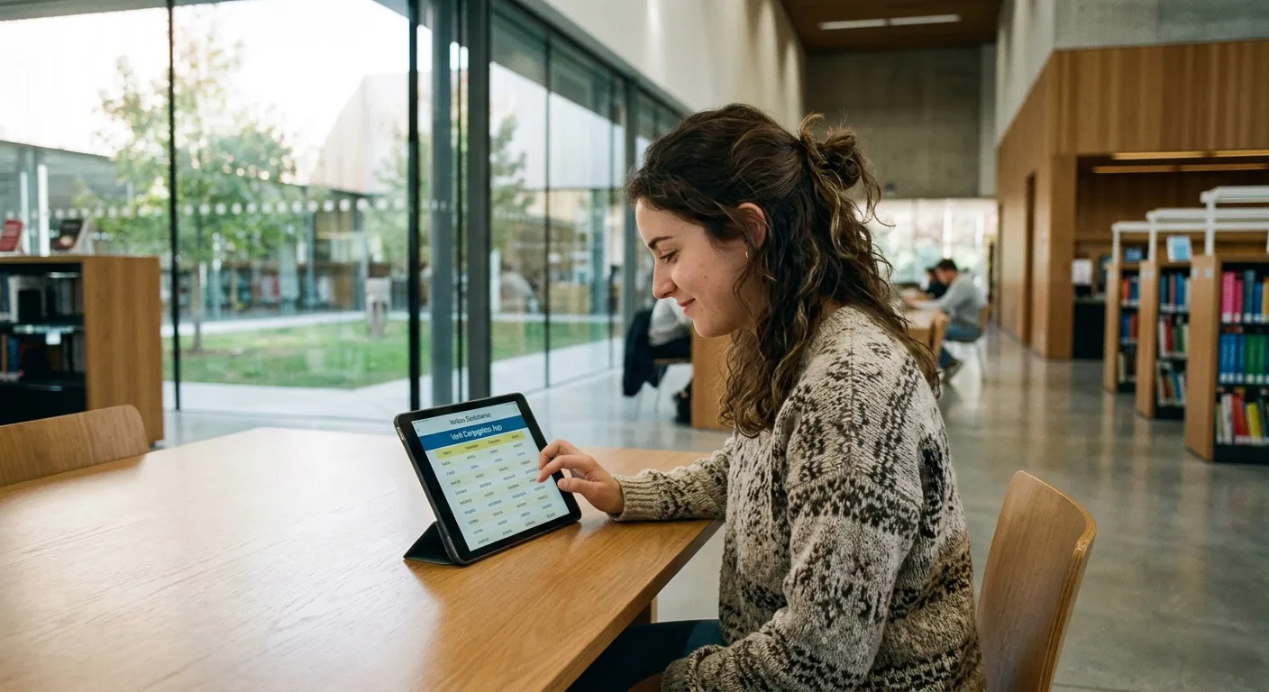 Joven castellana usando app de conjugación en tablet en biblioteca moderna