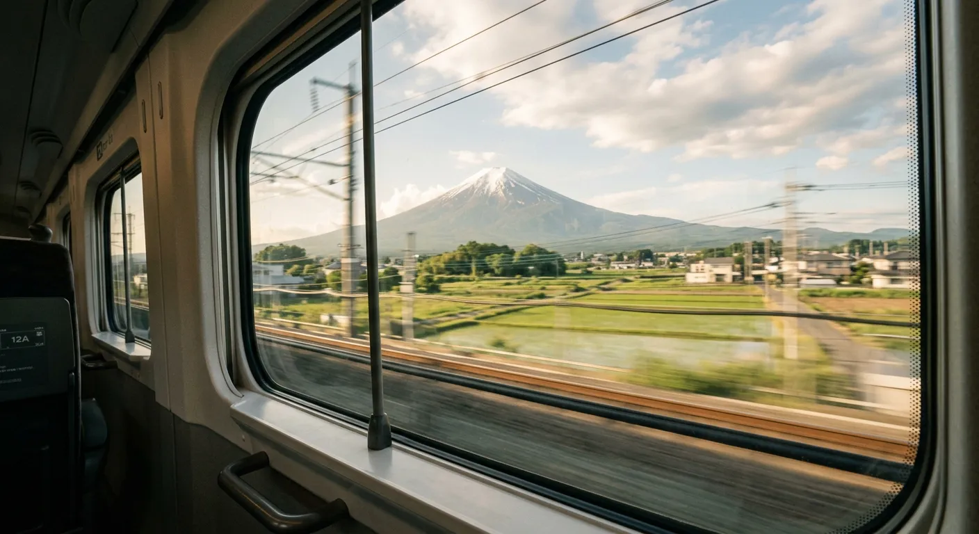 Vista desde ventana de shinkansen con Monte Fuji en la distancia