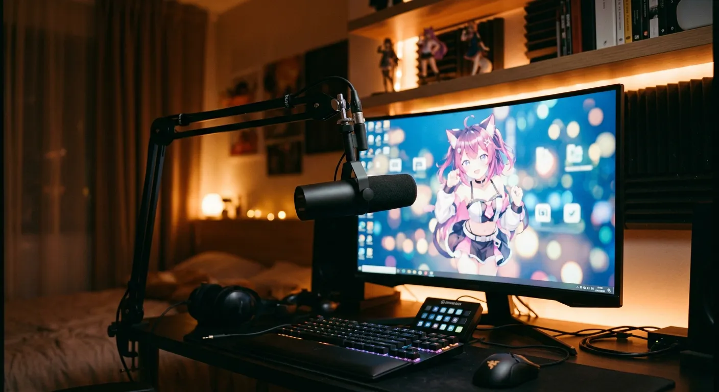 Un micro y un monitor con un avatar anime generico como persona virtual