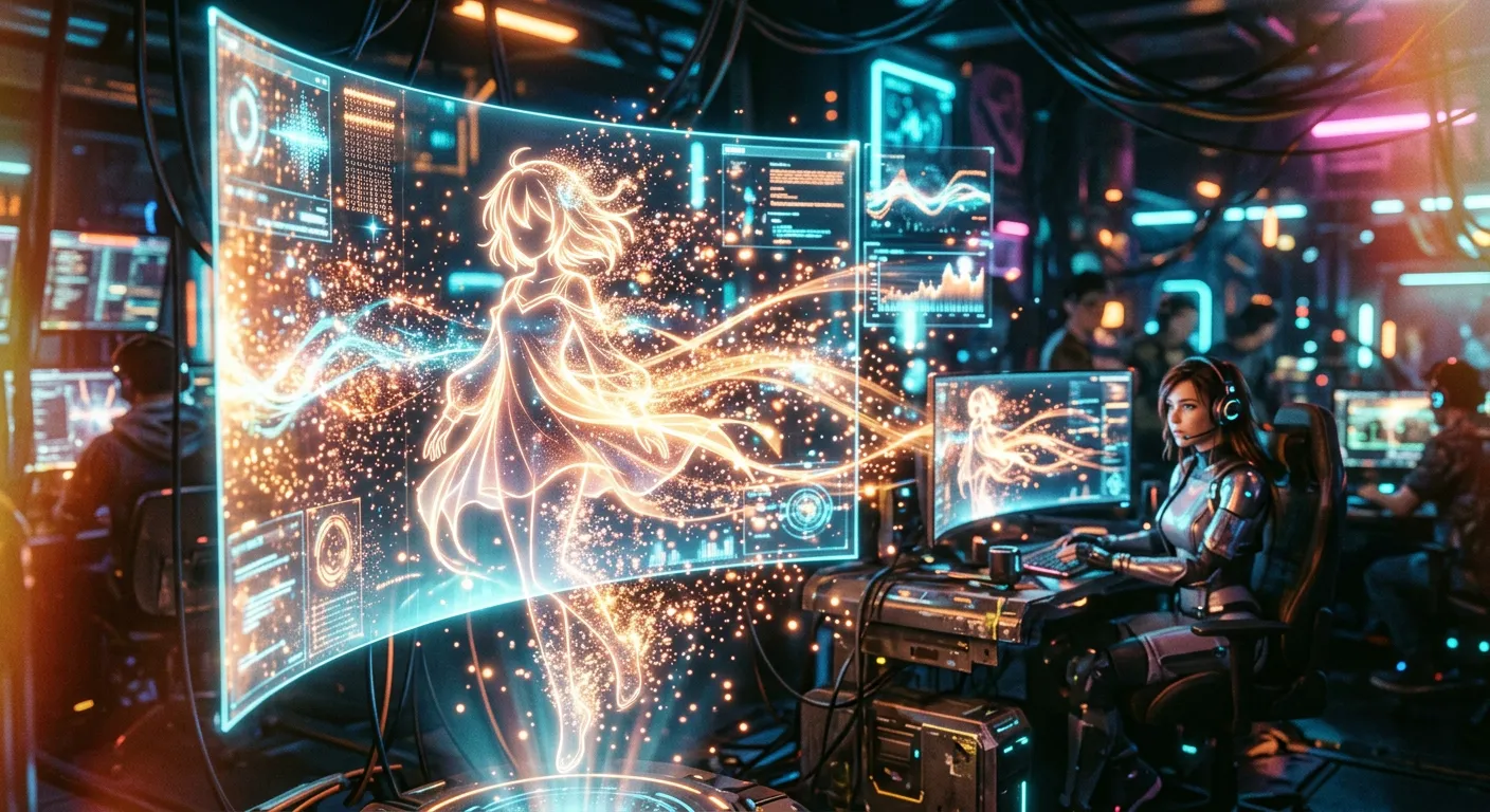 Una escena futurista de streaming virtual con un avatar generico de luz