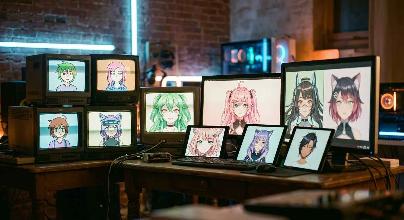 Varias pantallas con avatares anime genericos, la evolucion del sector