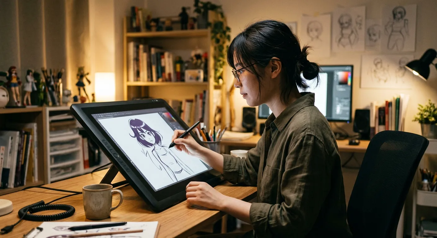 Una creadora japonesa disena un avatar anime generico en una tableta