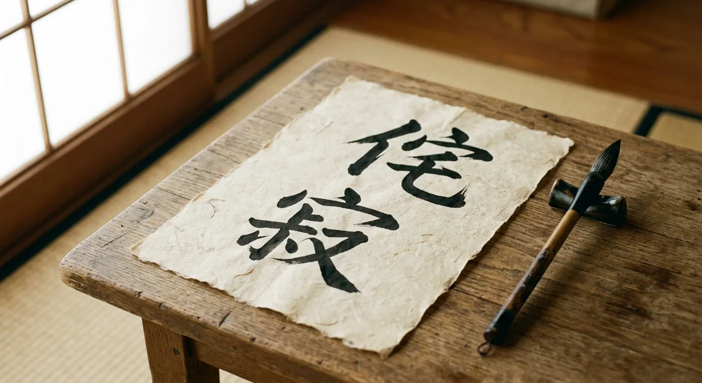 Caracteres wabi y sabi escritos en tinta sumi sobre papel washi antiguo