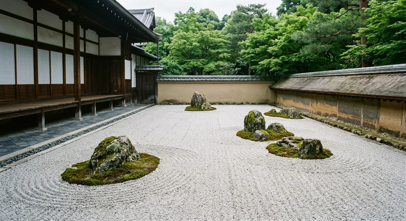 Jardín seco karesansui de templo zen con patrones de arena y rocas cubiertas de musgo