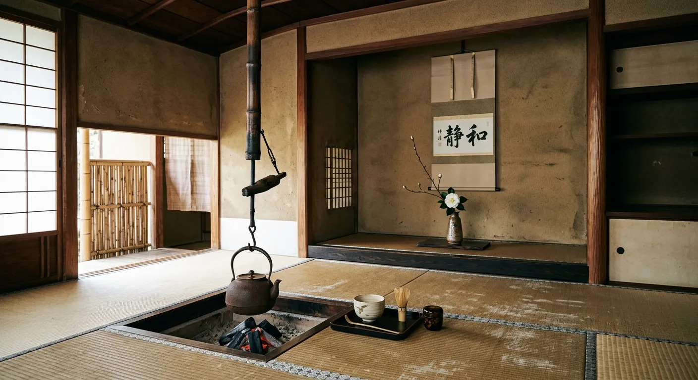 Interior de sala de té japonesa con hervidor sobre hogar y flor en tokonoma