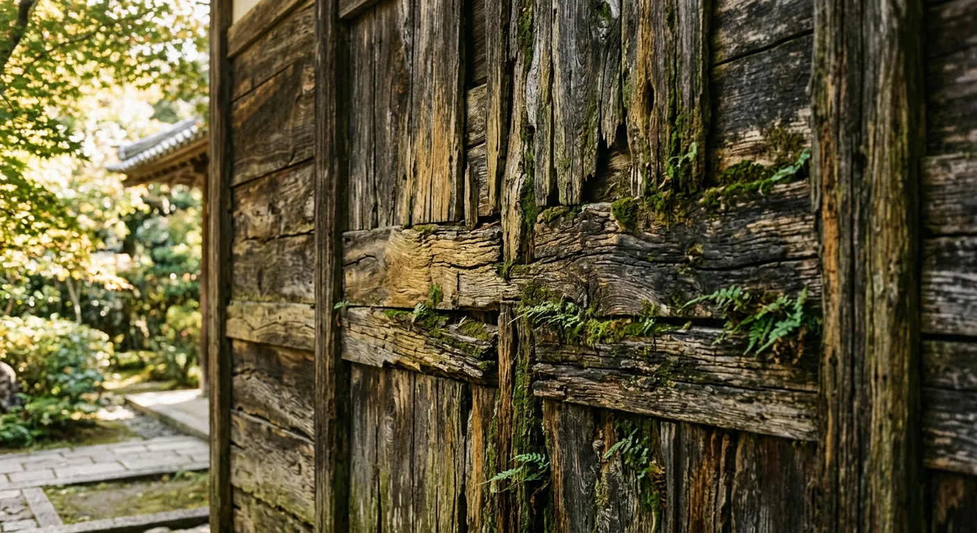 Pared de madera japonesa antigua mostrando envejecimiento natural y musgo