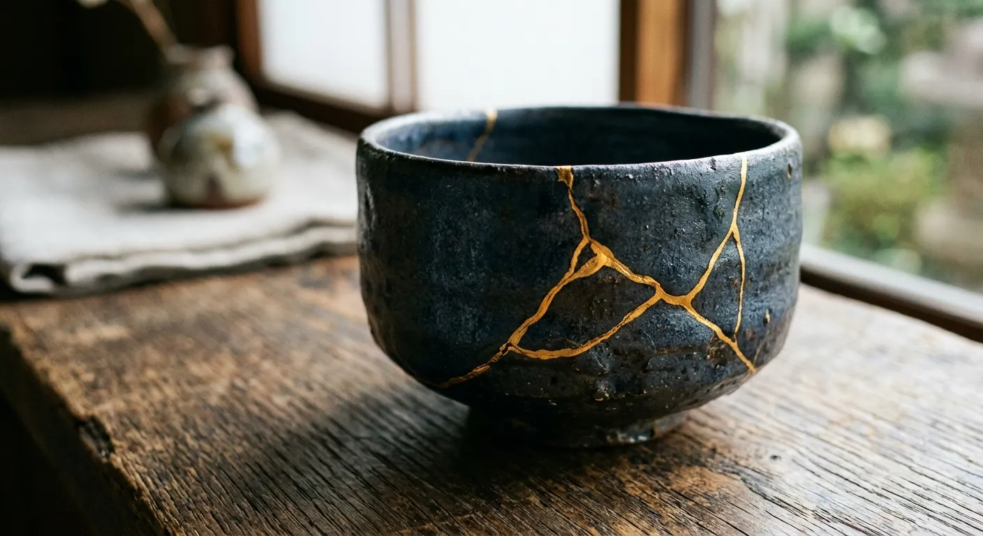 Primer plano de taza de té reparada con kintsugi con líneas doradas en las grietas