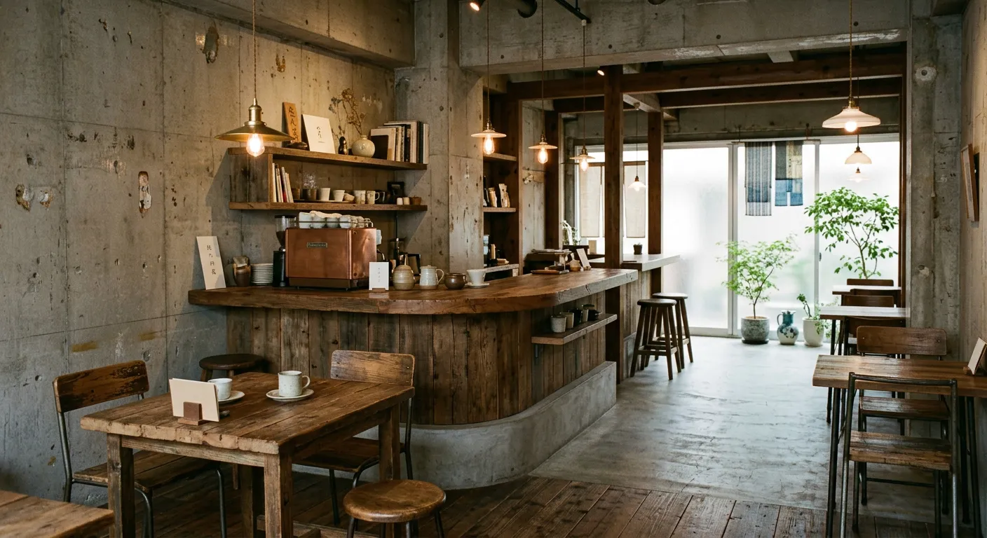 Interior de café moderno en Tokio combinando concreto con madera recuperada