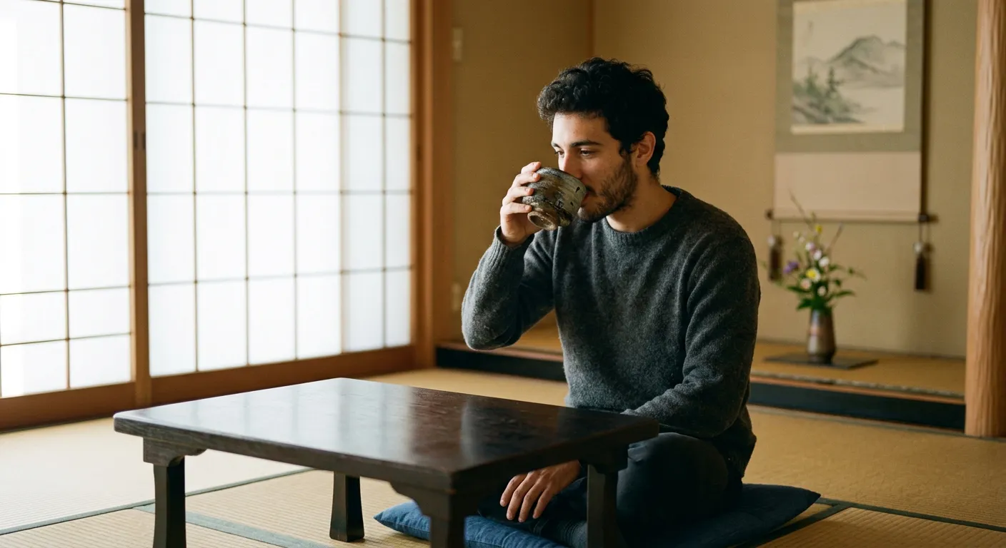 Joven castellano bebiendo té de taza cerámica artesanal en habitación japonesa simple