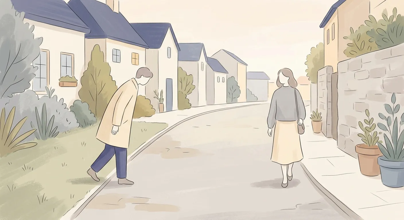 Ilustración minimalista de dos figuras manteniendo respetuosa distancia en una calle, si encuentras un yakuza: respeto y distancia