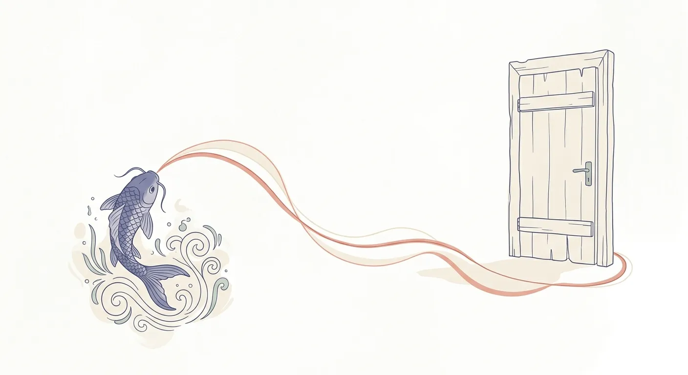 Ilustración minimalista uniendo un motivo de koi y una puerta cerrada, la conexión entre tabú y yakuza