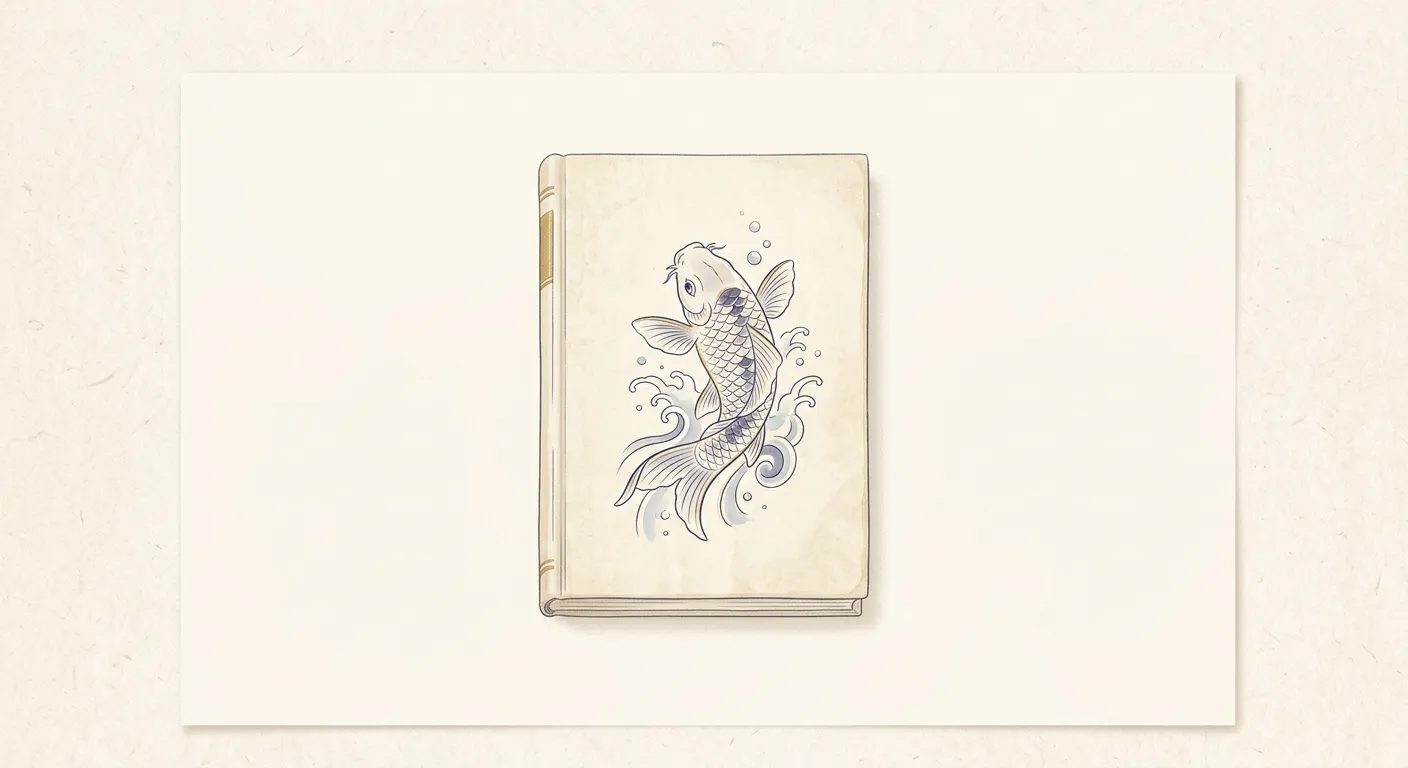 Ilustración minimalista de un koi sobre un libro cerrado, la realidad detrás del tatuaje yakuza