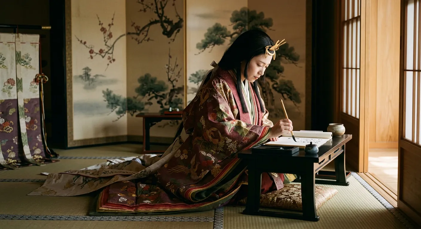 Una dama de la corte Heian escribe con pincel, cultura clasica femenina