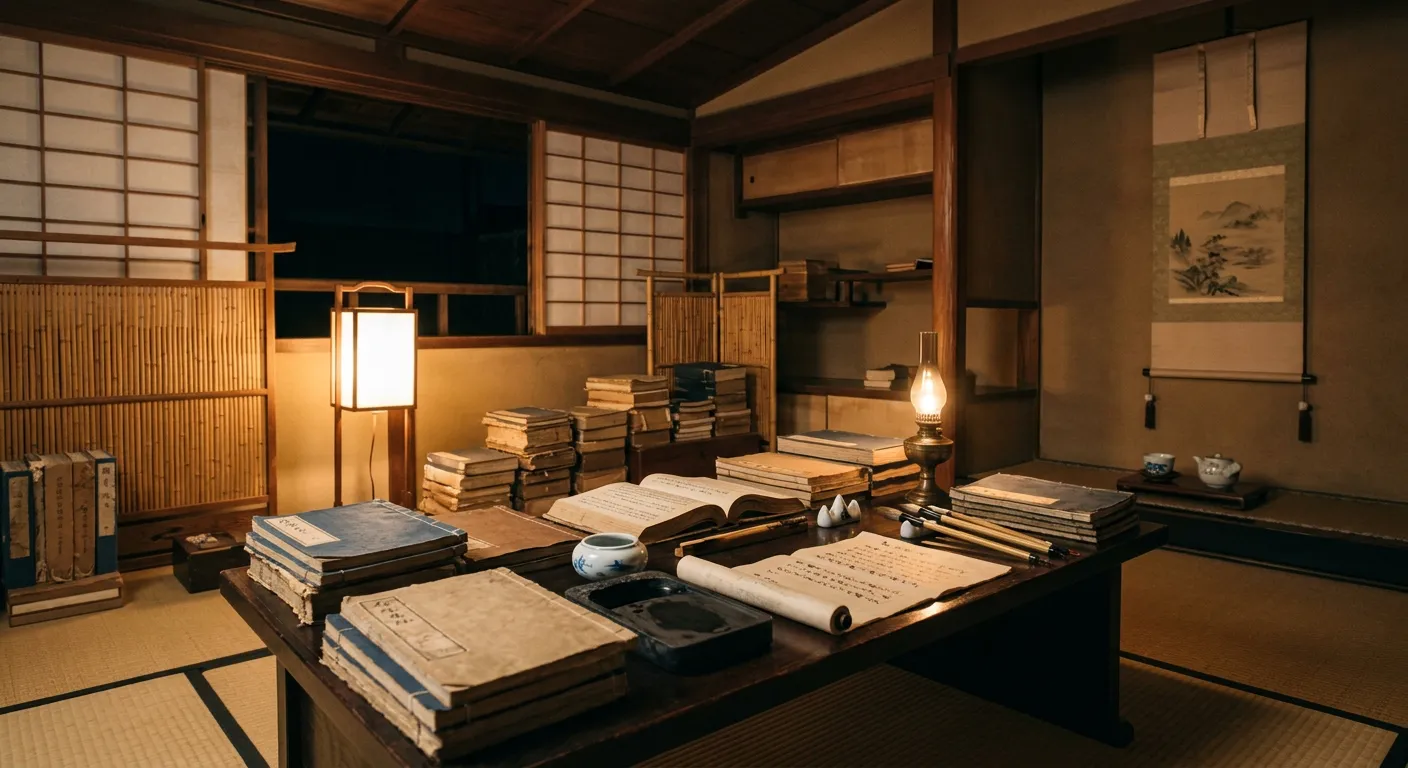 Un estudio erudito del periodo Edo con libros antiguos y pincel