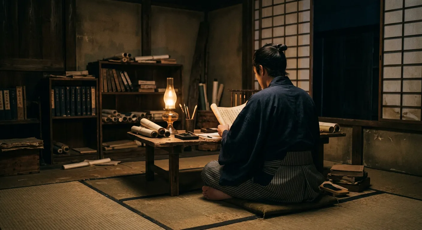 Una sala de academia del bakumatsu con una figura de espaldas