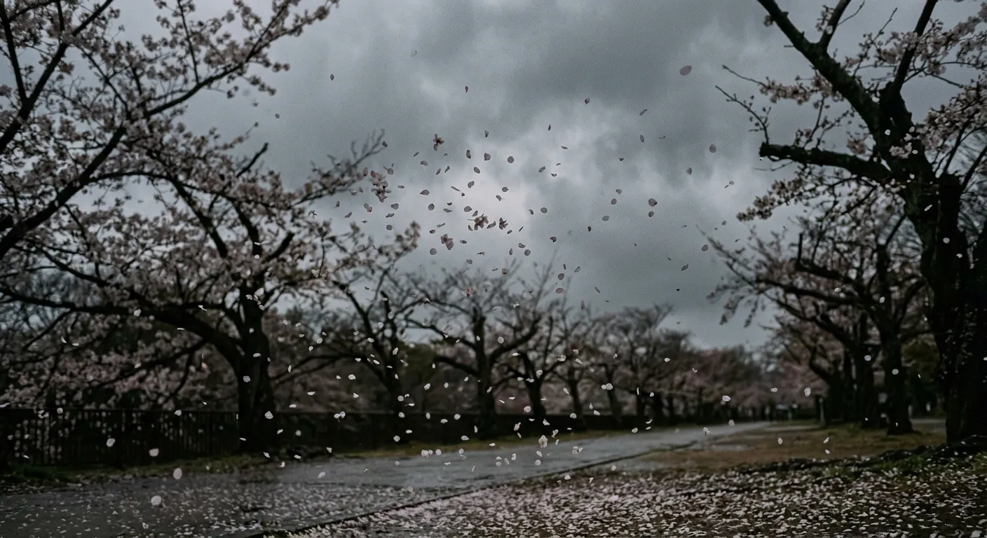 Petalos de cerezo caen contra un cielo gris, una evocacion sobria y respetuosa