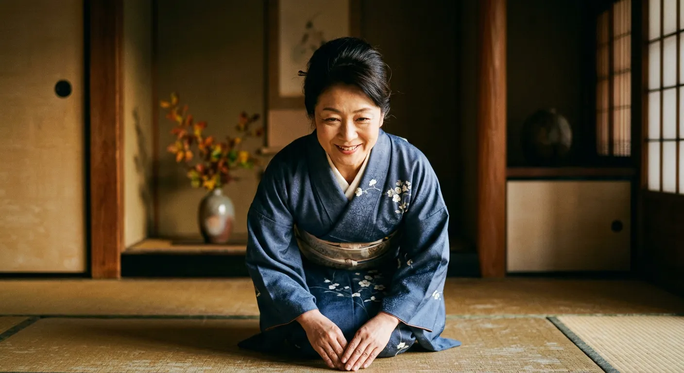 Primer plano de una persona japonesa que hace una reverencia sincera