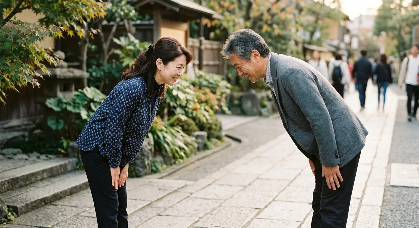 Dos personas japonesas se devuelven la reverencia con una sonrisa