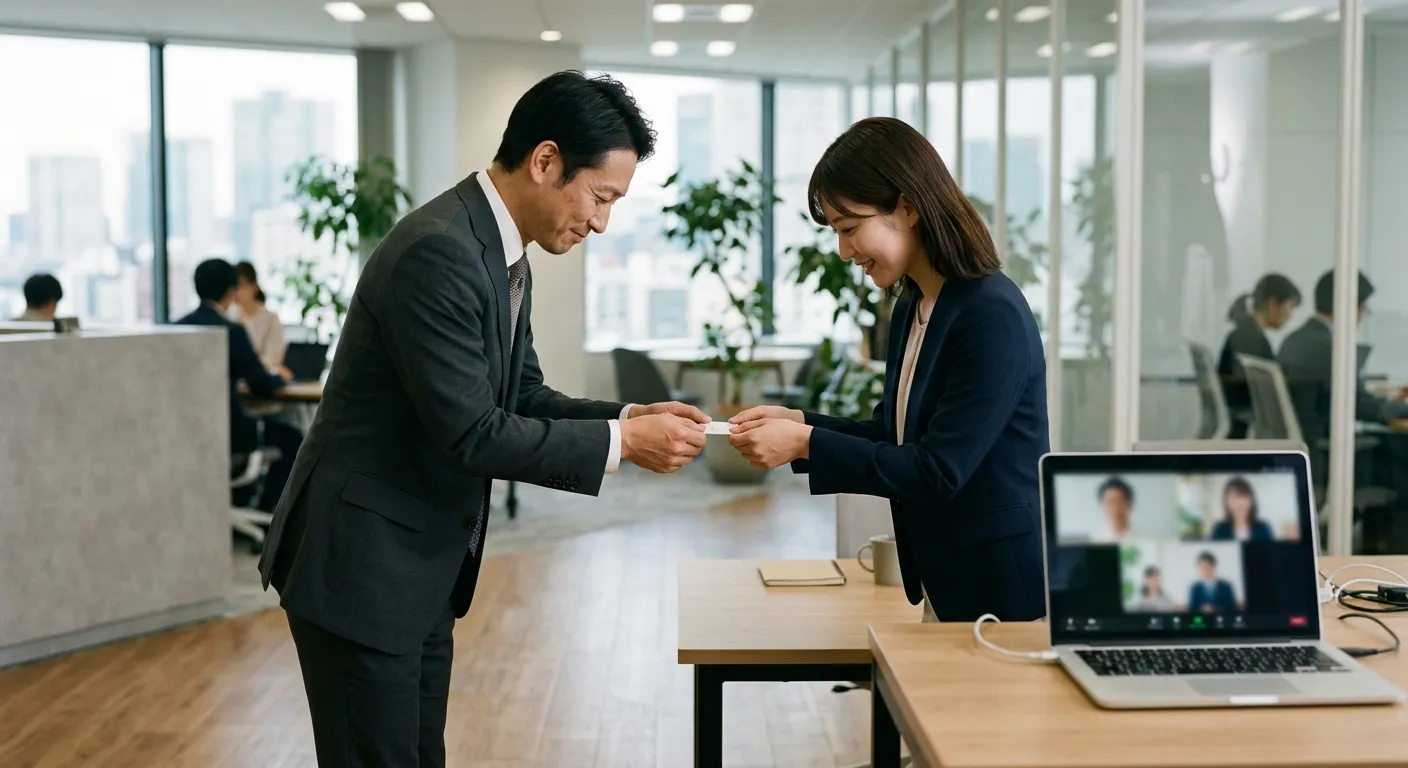 Un profesional japones intercambia tarjeta y saluda en una videollamada