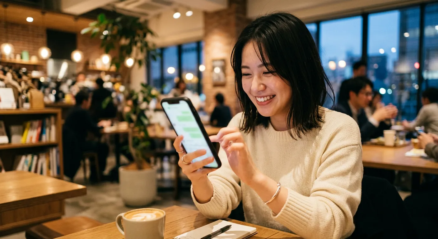 Un joven japones envia un saludo amistoso por el movil