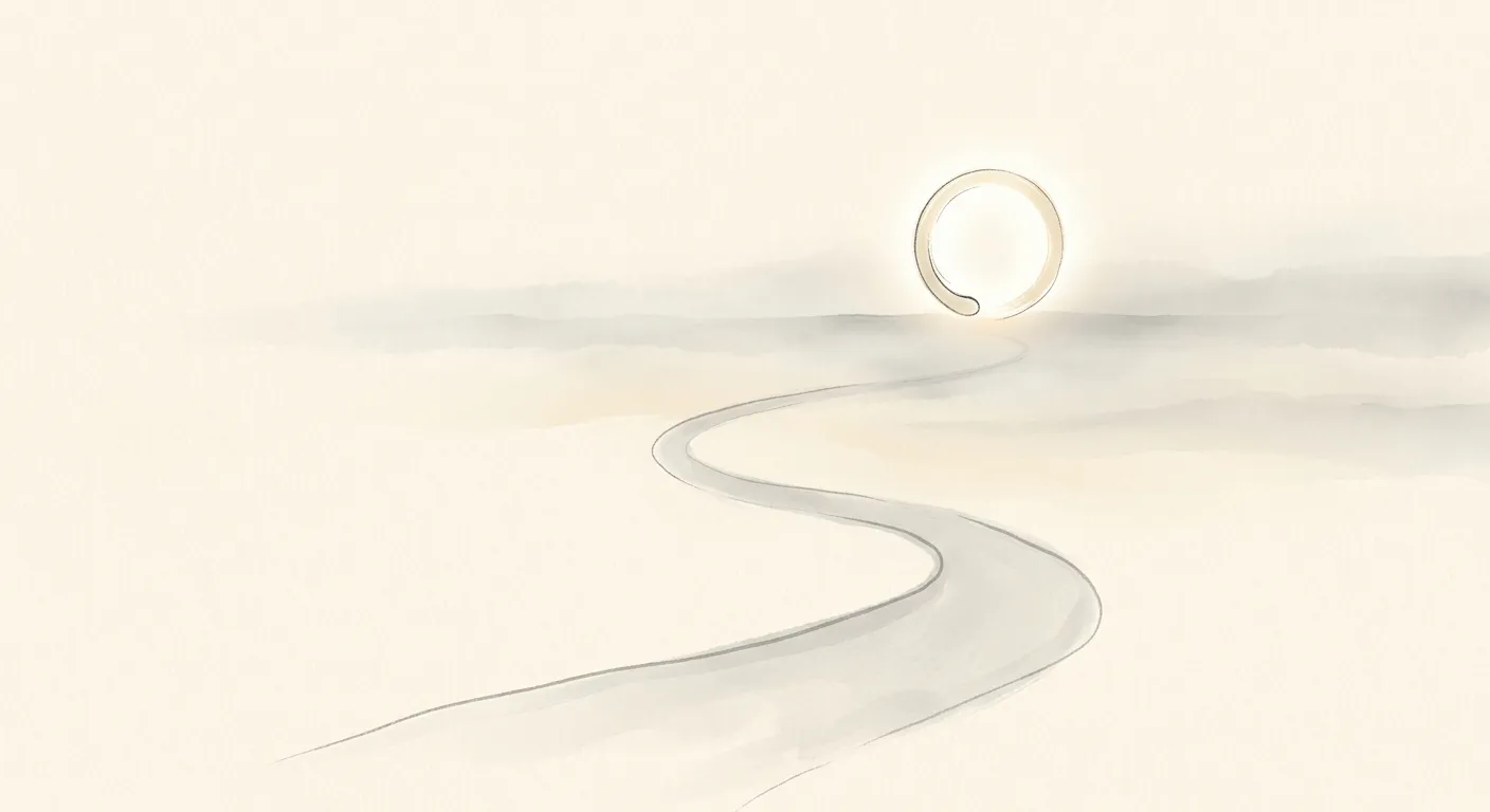 Ilustración minimalista de un camino hacia un ensō en el horizonte, un camino sin fin