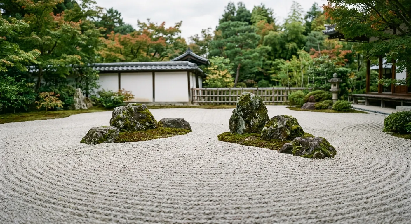 Jardín zen karesansui con grava rastrillada y piedras, el zen en la cultura japonesa: una influencia total