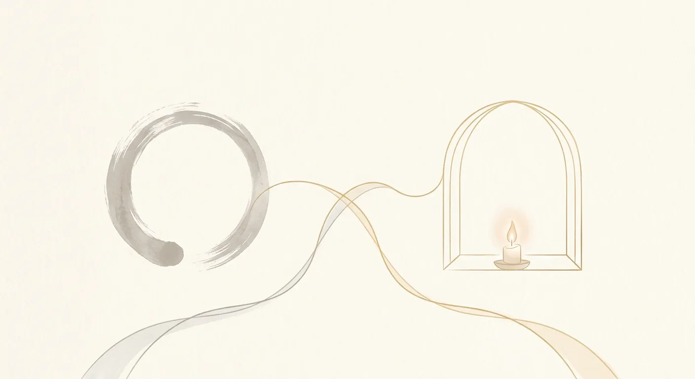 Ilustración minimalista de un ensō zen y una llama contemplativa en diálogo, zen y mística cristiana: dos profundidades