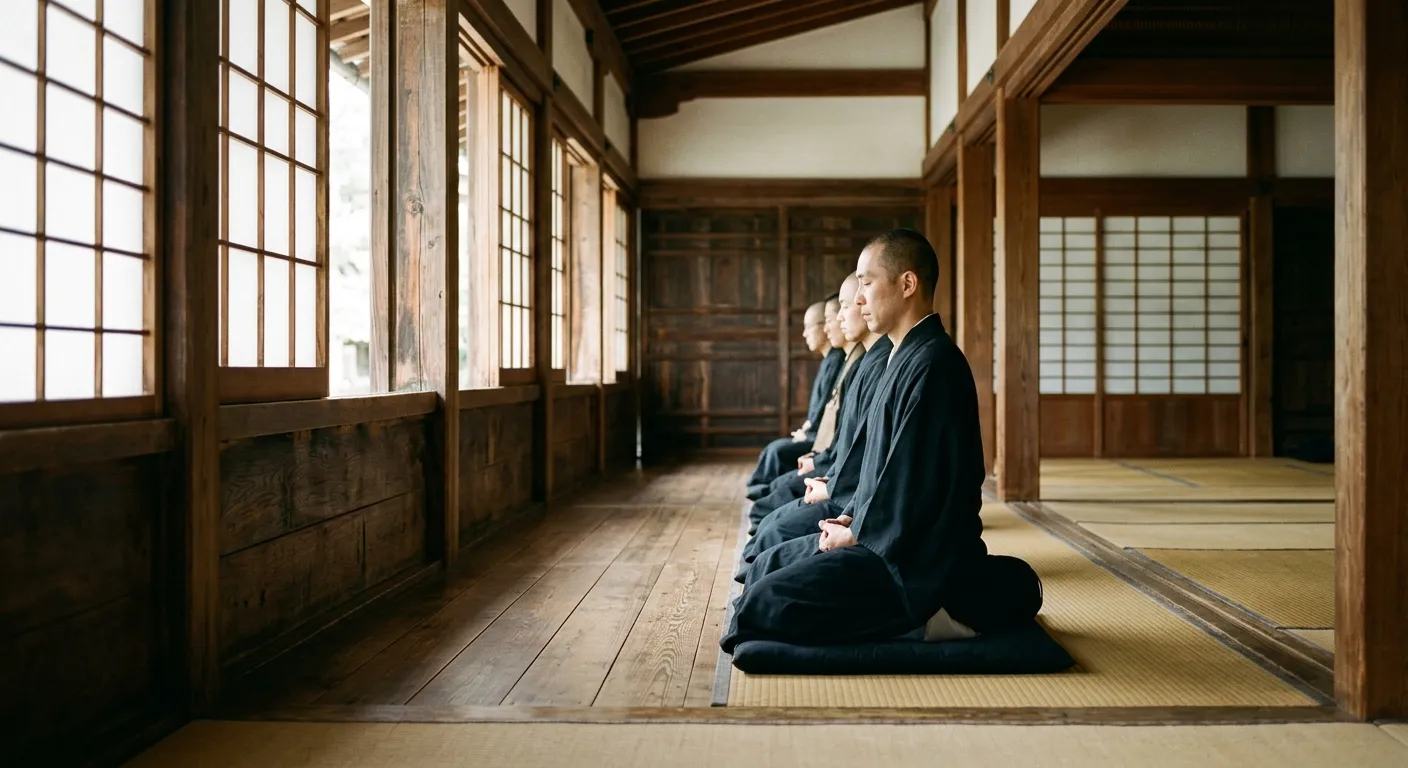 Practicantes sentados en zazen en una sala de meditación, las prácticas del zen