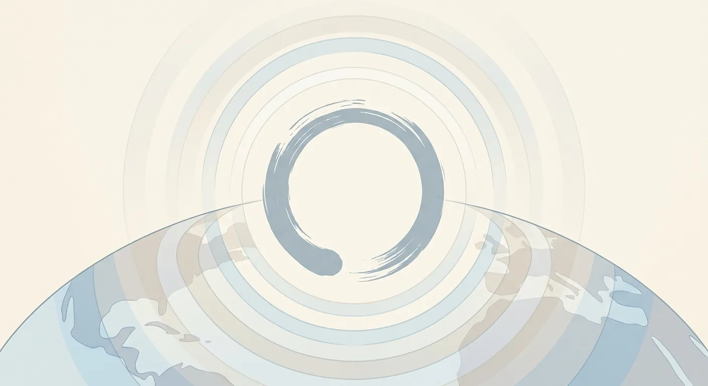 Ilustración minimalista de un ensō con ondas que se expanden por el mundo, el zen en el mundo: la expansión global