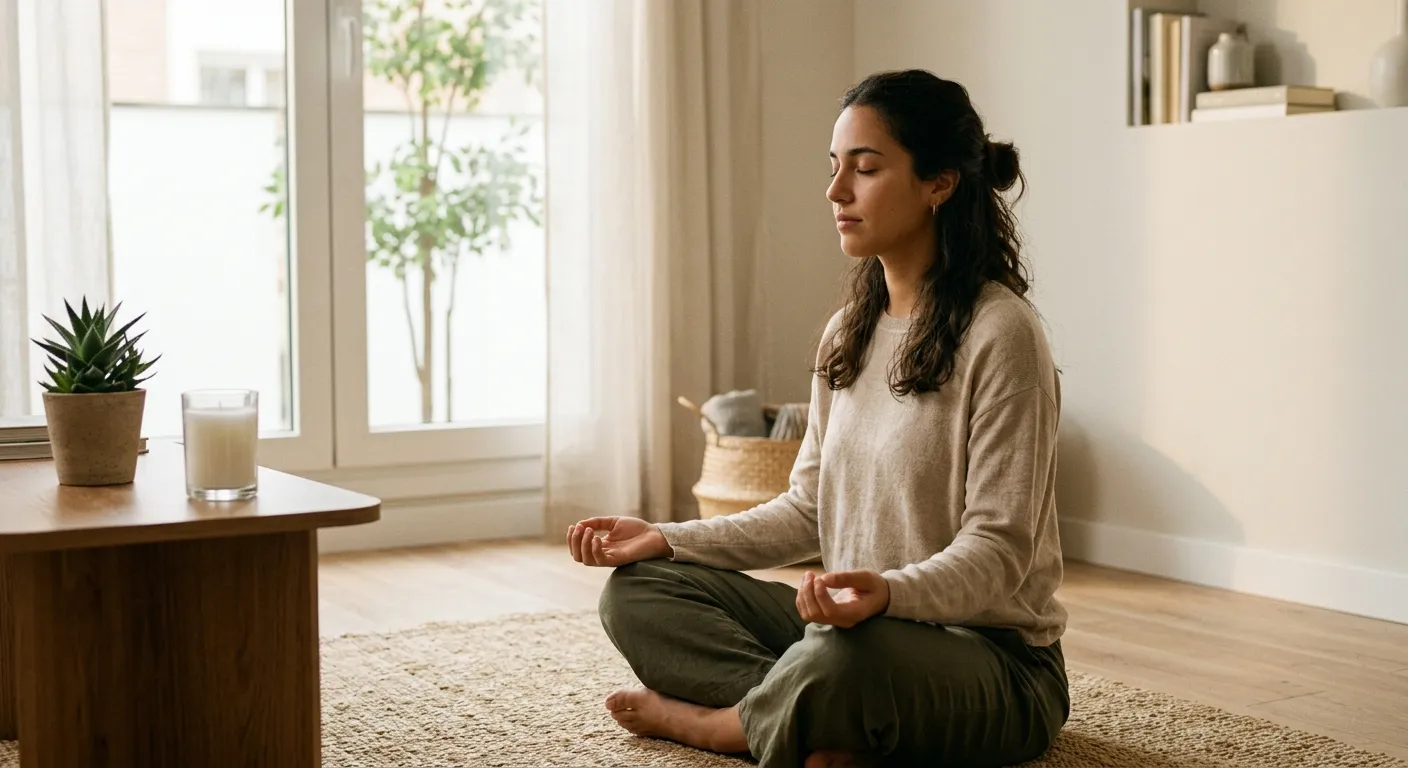 Joven hispanohablante meditando en un rincón tranquilo de su hogar, el zen en tu día a día
